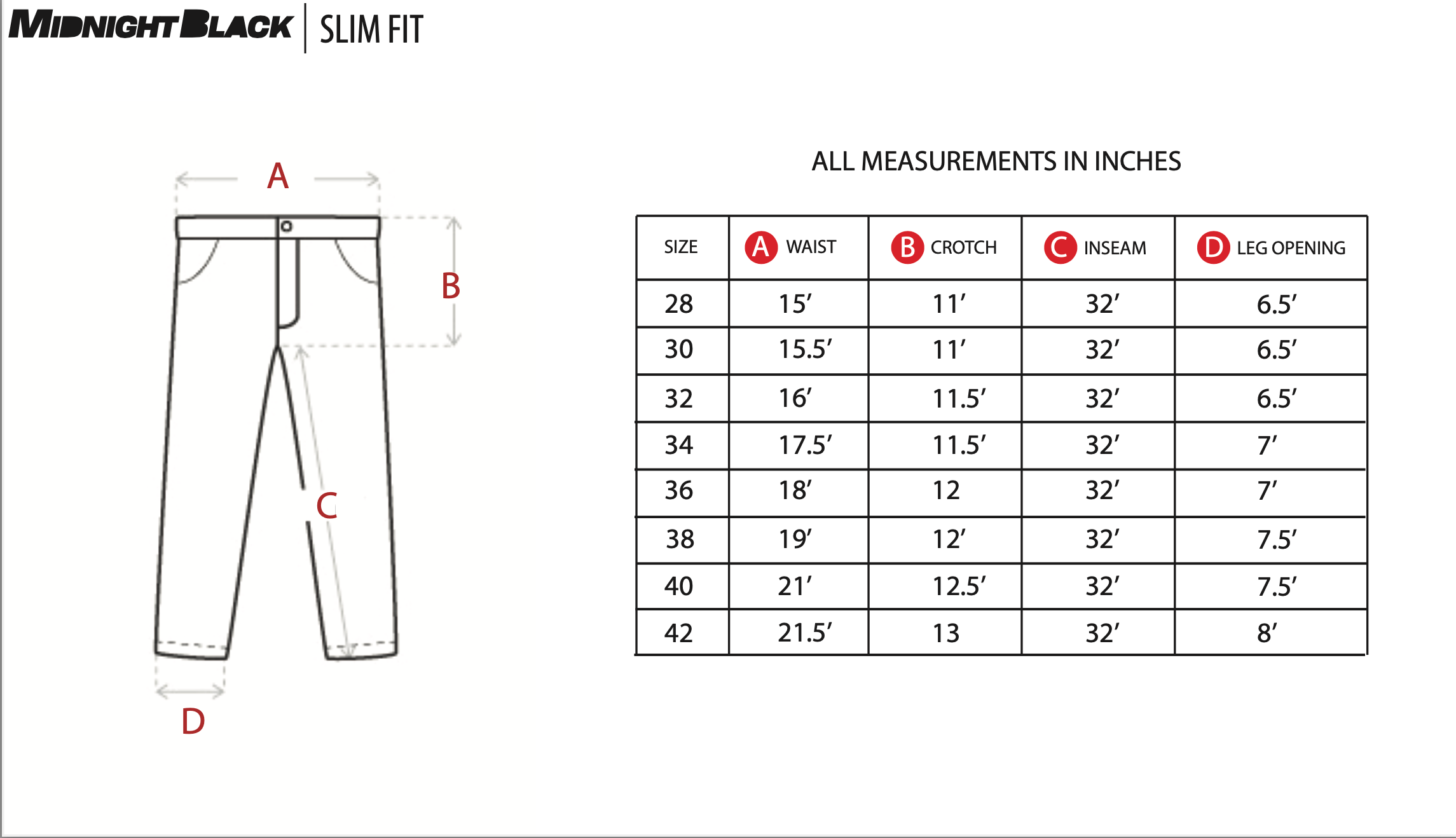 Slim fit size chart