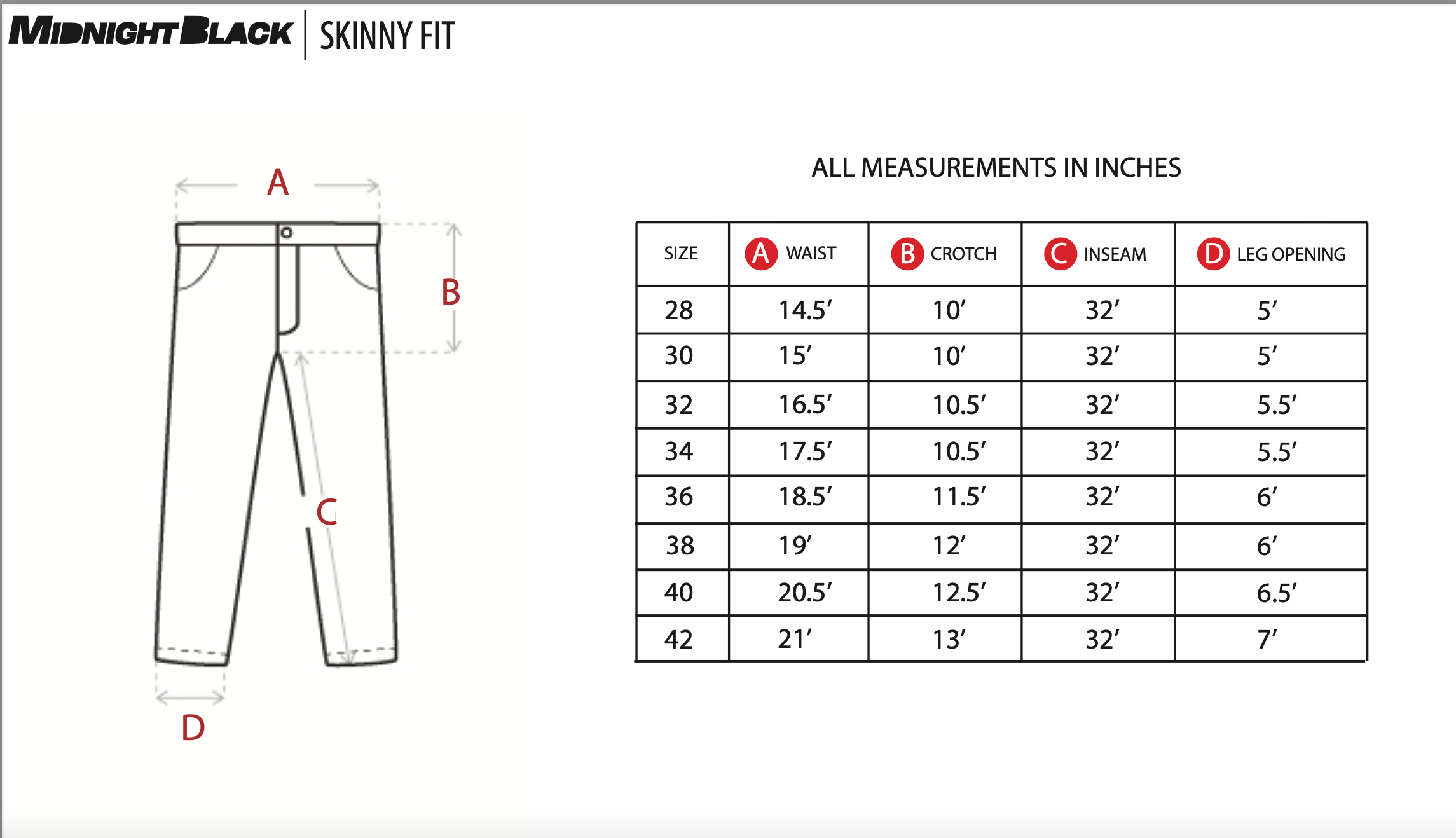 Skinny fit size chart